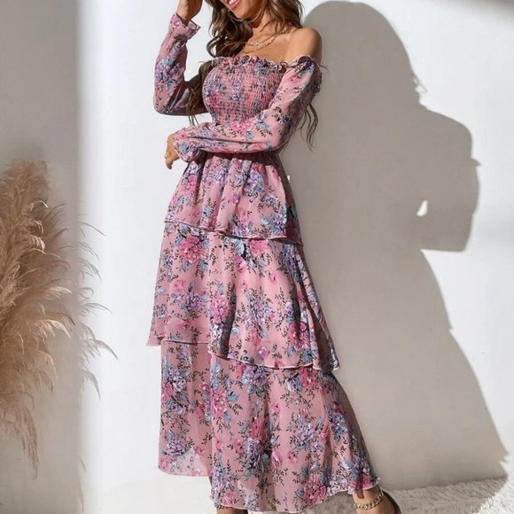 Shirred Layered Hem Floral Printed  Off The Shoulder Dress Dusty Pink - Picture 6 of 7